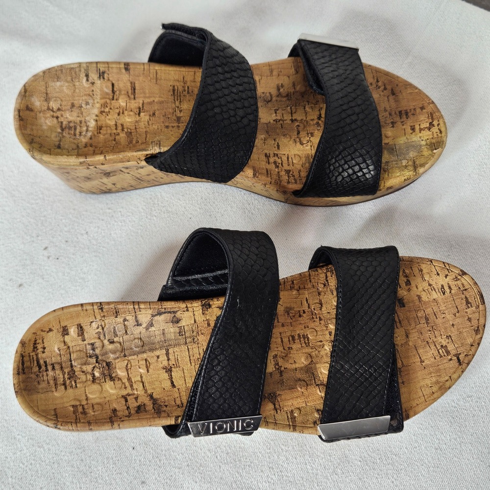 Vionic Atlantic Pepper Black Snakeskin Cork Wedge Sandals Size 9 Adjustable - Picture 6 of 8